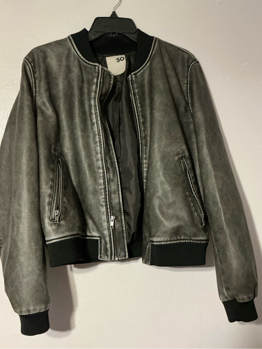 SO Distressed Grey Faux-Leather Bomber Jacket